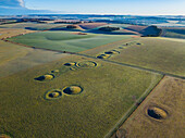Aerial view of ancient burial mounds, Wiltshire, UK