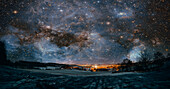 Winter landscape with starry night sky