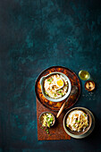 Congee, rice porridge with vegetables and egg