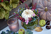 Herbstliches Arrangement mit Mini-Kürbis, Erika (Calluna), Schneebeeren (Symphoricarpos), Kastanien und Hortensienblüten (Hydrangea)