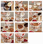 Prepare chocolate wafer cake with cream and raspberries