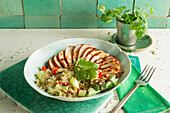 Oriental bulgur aubergine salad and chicken