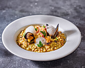 Fregola Sarda risotto with bouchot mussels and seafood