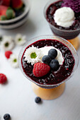 Red fruit jelly with whipped cream and berries