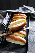 Freshly baked hot dog rolls