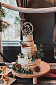 Wedding cake with eucalyptus branches and cones on wooden etagere