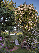 Romantische Gartenszene mit blühendem Kletterrosen und Blick auf Wasser