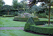 Gartenanlage im Formschnitt mit runden Beeten