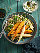 Buckwheat salad with glazed root vegetables and herb cream