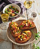 Bruschetta with spicy chicken and vegetable mix