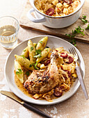 Roast chicken with sauerkraut and apple and onion vegetables