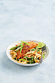 Asian noodles with salmon, chilli, vegetables and peanut butter