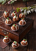 Puffed rice balls with chocolate, nuts and fondant decoration