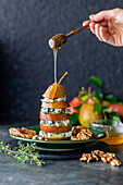 Layered pear with blue cheese and honey