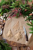 Christmas trees cookies without cutter, cut with knife in free form