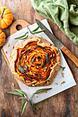 Butternut squash galette with sage leaves and pumpkin seeds