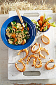 'Good harvest' pasta salad served with savoury horseshoe-shaped biscuits