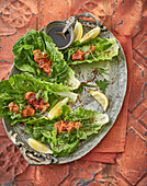Çiğ Köfte auf Romana-Minze-Salat mit Granatapfelsauce