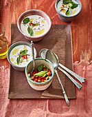Ajo blanco with crunchy vegetable topping
