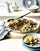 Fried rice with peas, minced meat and Mediterranean spices