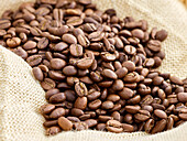 Whole coffee beans on jute sack fabric