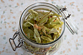 Dried lime leaves in a jar