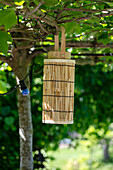 Bambuslaterne im sommerlichen Garten, aufgehängt am Ast