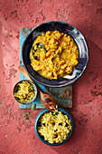 Pumpkin and lentil dhal with saffron rice, curry leaves and mallum