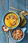 Winter vegetable soup with crispy chickpeas and masala onions