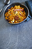 Ayurvedic turmeric spiced rice with banana, pear and masala