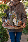 Frau mit Glasglocken gefüllt mit Glitzertanne, Walnüssen, Zimtstangen, Hirschgeweih und Keksen auf Holzschscheibe im Garten