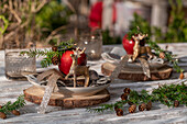 Rustikale Tischdekoration im Advent mit Hirsch, Baumscheibe, Tannenzweige und Apfel