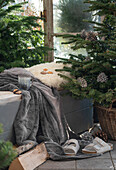 Cozy seat next to a decorated Christmas tree during Advent
