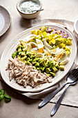 Chicken and avocado salad with eggs and yoghurt dressing
