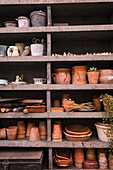 Shelves with clay pots, tools and garden accessories