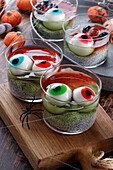 Halloween dessert with chia jelly and eyeball decoration