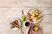 Three kinds of Asian-style poultry skewers