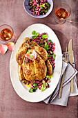 Harissa roast chicken with pink moghrabieh
