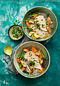 Asian chicken soup with glass noodles, vegetables and miso paste