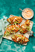 Baked sweet potato with pulled chicken