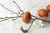 Still-life of three brown chicken eggs and a twig on a whote surface.