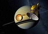 Cassini-Huygens probe with Saturn and Titan, illustration