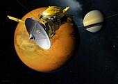 Cassini-Huygens spacecraft with Saturn and Titan, illustration