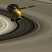 Cassini-Huygens spacecraft over Saturn's rings, illustration