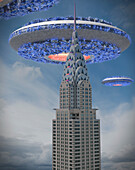 UFOs above Chrysler Building, illustration