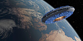 UFO approaching Earth, illustration