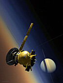 Cassini-Huygens spacecraft near Saturn and Titan, illustration