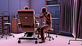Healthcare worker examining patient on medical chair, illustration