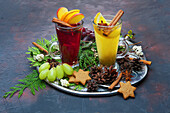 Mulled wine and punch with cinnamon and fruit