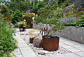 Stone garden path with steel planter boxes